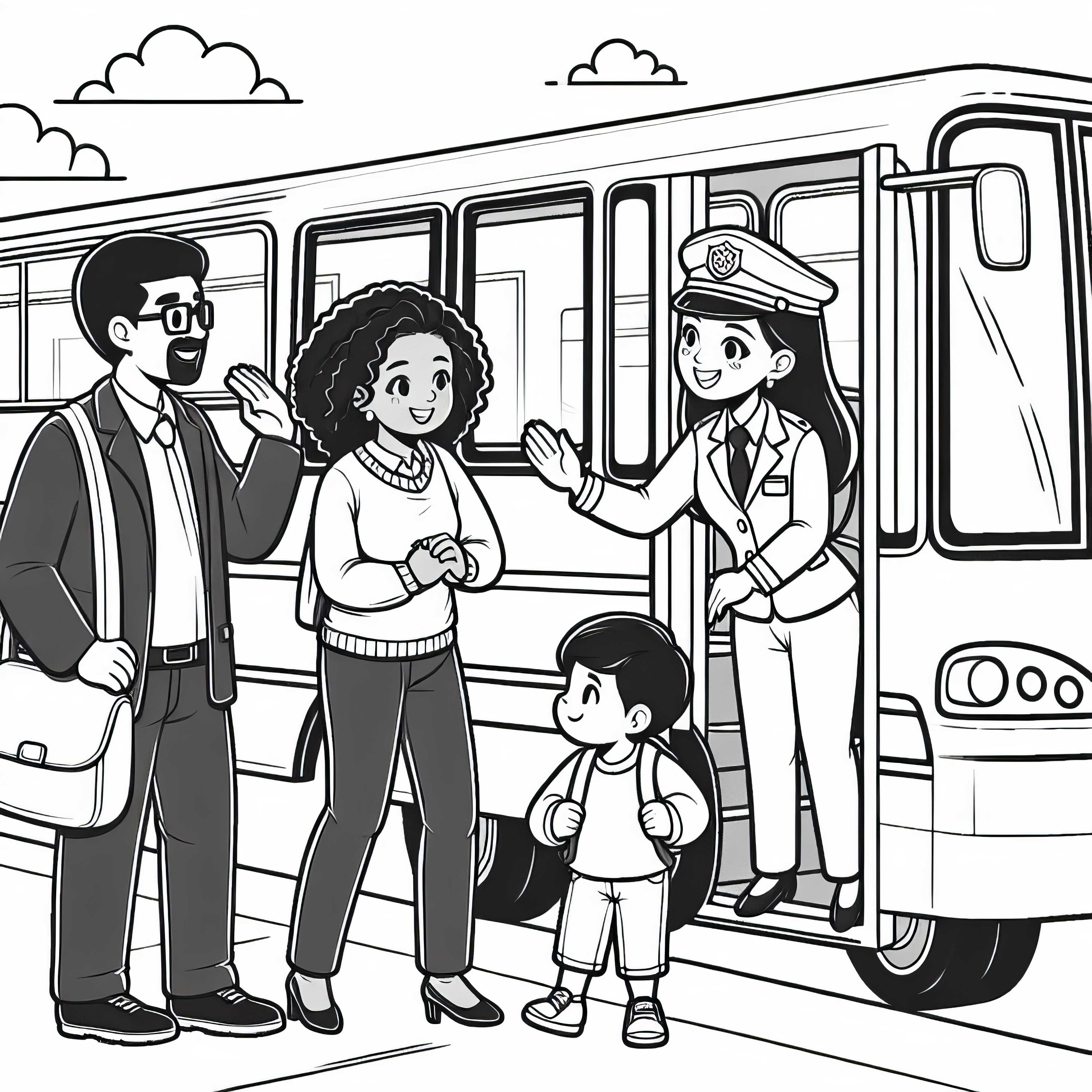 Ženská šoférka autobusu víta pasažierov pri nastupovaní – Voľný nákres na vymaľovanie