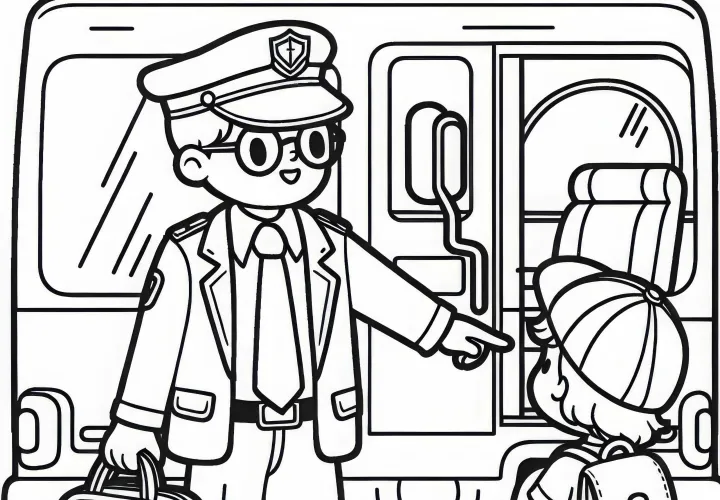 Avtobusni voznik daje otroku navodila pri vkrcanju – brezplačna barvna slika