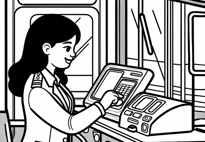 Obsluhovateľka autobusu kontroluje stroj na označovanie lístkov v autobuse – obrázok na vyfarbovanie zadarmo