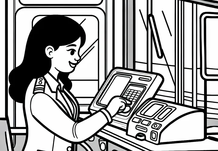 Vozačica avtobusa preverja označevalnik vozovnic v avtobusu – brezplačna barvanka