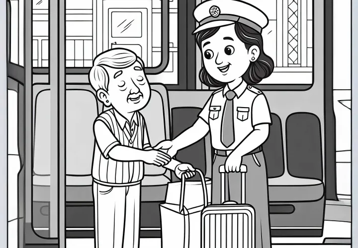 Vozačica avtobusa pomaga starejšemu potniku z prtljago – barvna slika brezplačno