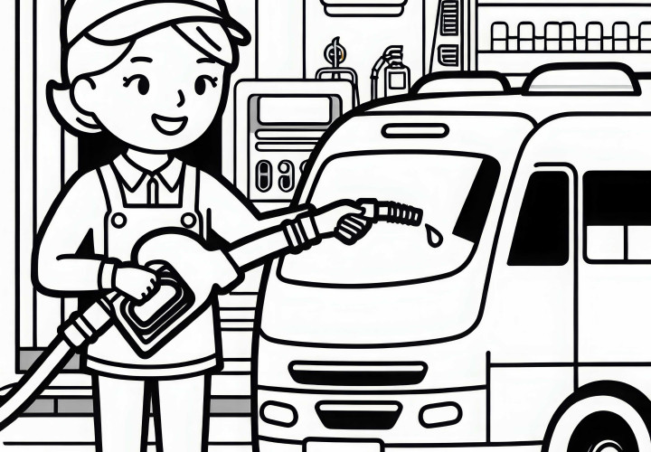 Řidička autobusu tankuje – omalovánka zdarma