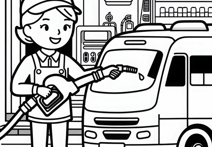 Vozačica avtobusa tankuje – Brezplačna slika za barvanje