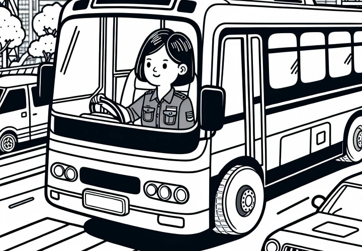 Řidička autobusu projíždí městem při silném provozu – omalovánka zdarma