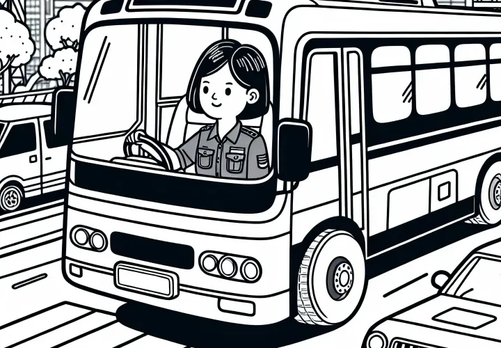 Vozačica avtobusa vozi po mestu v močni prometni konici – brezplačna barvanka