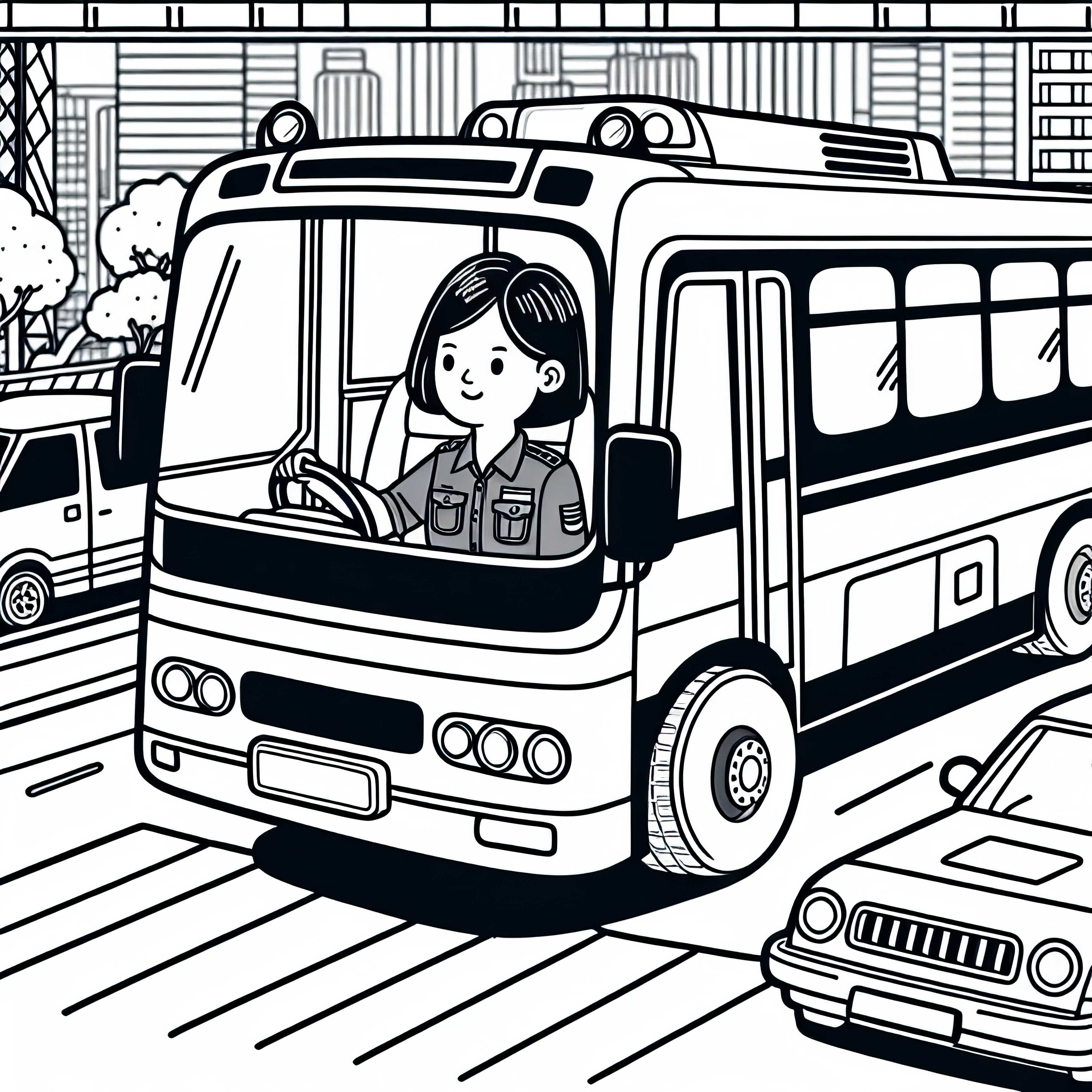 Řidička autobusu projíždí městem ve silném provozu – omalovánka zdarma