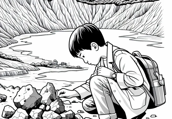 Pesquisador de vulcões coleta amostras de rocha na borda da cratera - Desenho para colorir