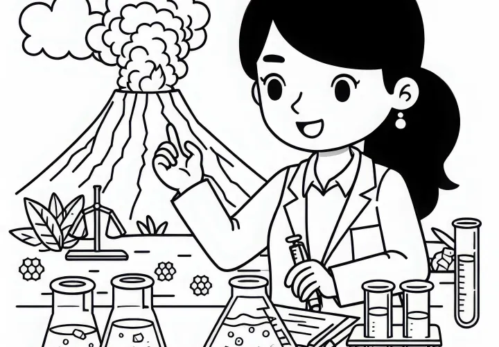 Pesquisadora de vulcões no laboratório - Desenho para colorir gratuito