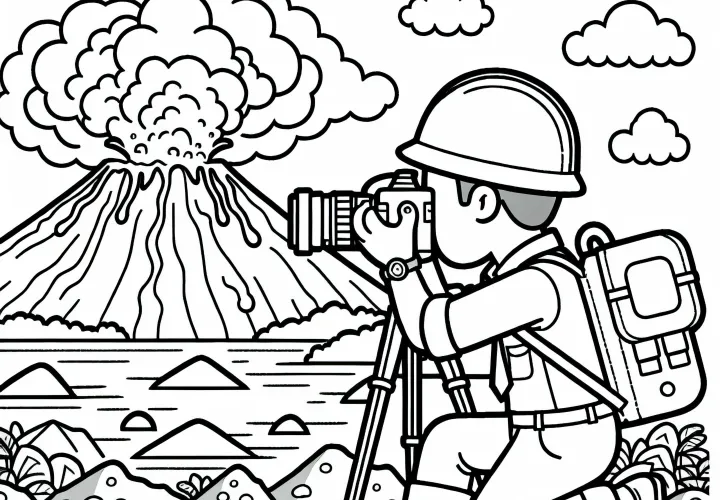Vulkanforscher beobachtet aktiven Ausbruch aus sicherer Entfernung – Malvorlage kostenlos