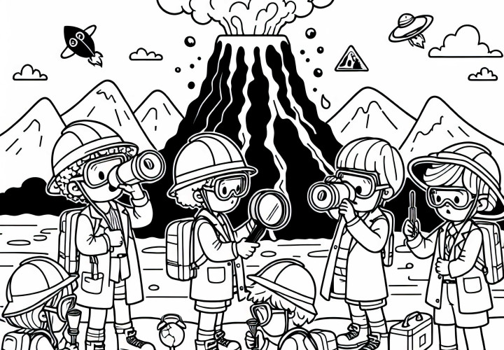 Children as Volcano Researchers Coloring Page Free