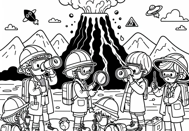 Crianças como vulcanologistas - Desenho para colorir grátis