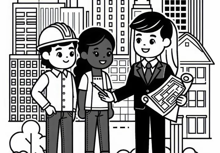 Bürgermeister diskutiert Stadtpläne mit Architekten - Ausmalbild kostenlos