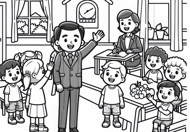 Bürgermeister begrüßt Bürger bei Gemeindetreffen – Malvorlage gratis