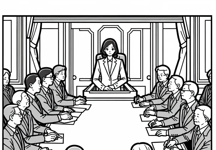 Bürgermeisterin sitzt in Ratsversammlung mit anderen Politikern – Ausmalbild kostenlos
