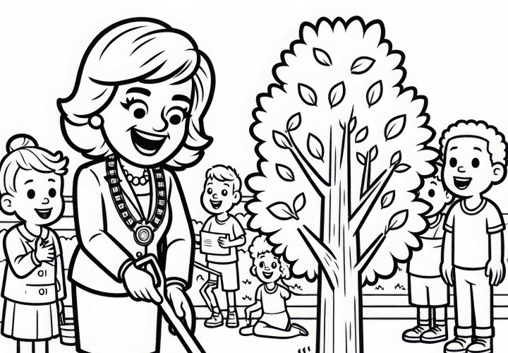 Bürgermeisterin pflanzt symbolisch Baum bei Umweltprojekt – Malvorlage kostenlos Bürgermeisterin pflanzt symbolisch Baum bei Umweltprojekt – Malvorlage kostenlos