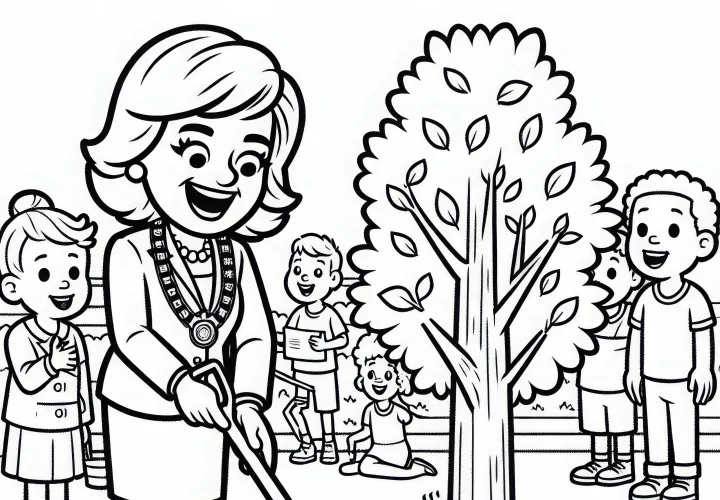 Bürgermeisterin pflanzt symbolisch Baum bei Umweltprojekt – Malvorlage kostenlos