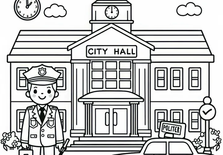 Rathaus mit Bürgermeister – Malvorlage einfach kostenlos