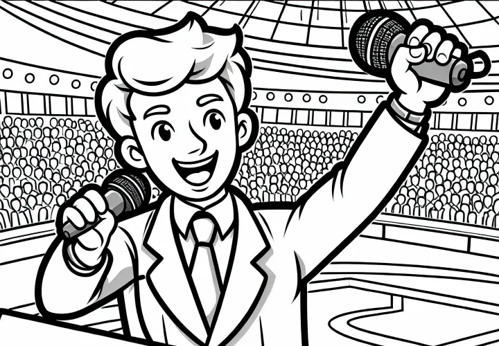 Stadionsprecher kommentiert ein Tor mit Begeisterung – Ausmalbild kostenlos