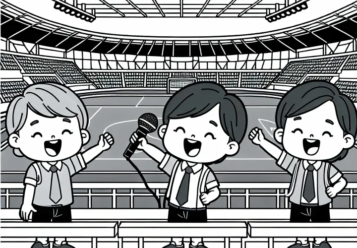Kinder als Stadionsprecher – Ausmalbild kostenlos