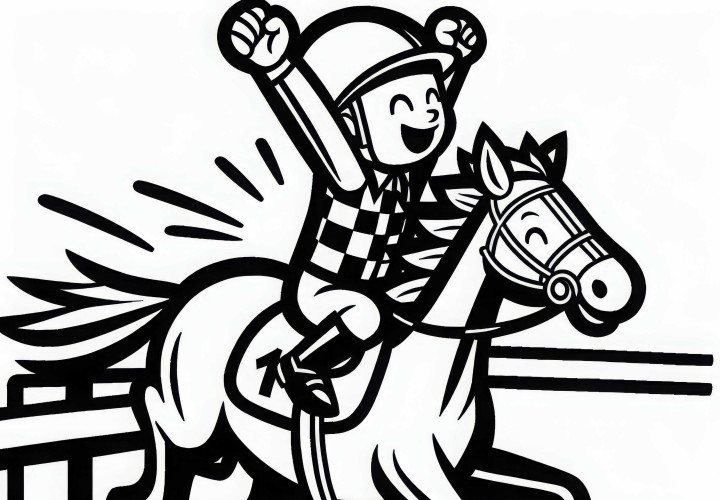Il cavaliere da corsa raggiunge il traguardo e festeggia – Disegno da colorare gratuito Cavaliere raggiunge il traguardo e festeggia - Modello da colorare gratuito