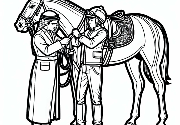 Il fantino controlla l'equipaggiamento del cavallo - Disegno da colorare gratuito Cavaliere controlla l'attrezzatura del cavallo - Disegno da colorare gratuito