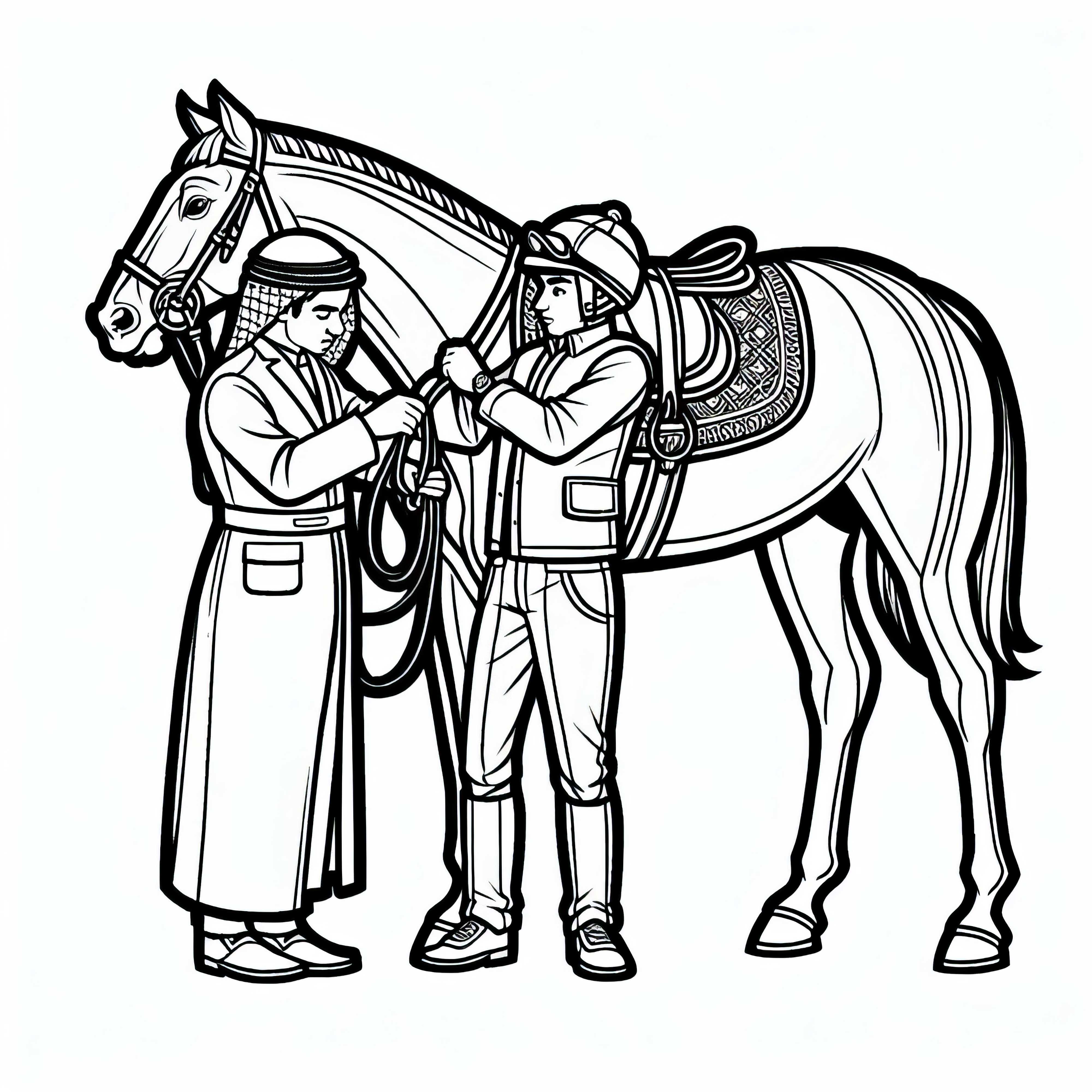 Cavaliere controlla l'attrezzatura del cavallo - Immagine da colorare gratuita