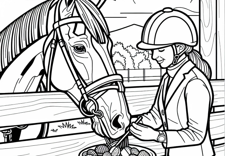 Cavaliere addestra il cavallo dopo la corsa – Immagine da colorare gratuita Cavaliere di corsa dà da mangiare al cavallo dopo la corsa – Disegno da colorare gratuito