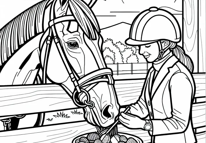 Jahačica hrani konja po dirki – barvna slika brezplačno