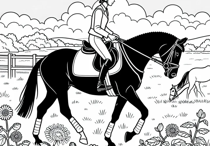 Jahalna kolesarka trenira na travniku – Brezplačno prenesite risanko za pobarvanje