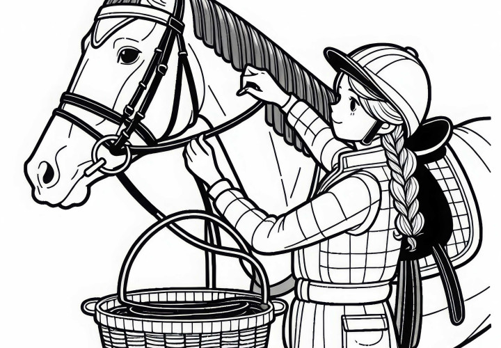 Cavaliere di corsa prepara il cavallo per la prossima gara - Immagine da colorare gratuita Cavaliere della corsa prepara il cavallo per la prossima gara - Disegno da colorare gratuito
