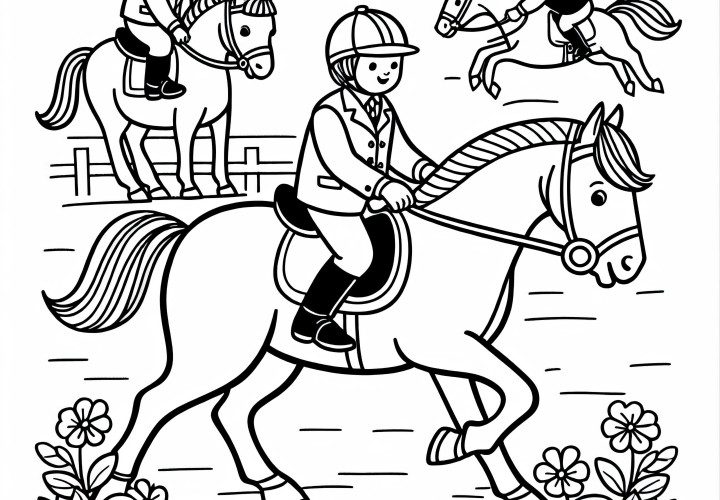 Bambini a cavallo – Disegno da colorare semplice e gratuito Bambini a cavallo - Disegno da colorare semplice e gratuito