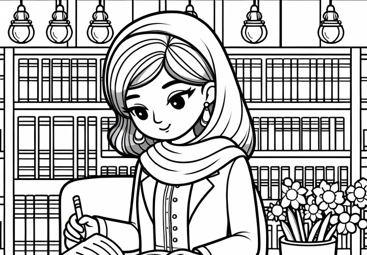 Professoressa legge un libro nella biblioteca universitaria - Disegno da colorare gratuito La professoressa legge un libro nella biblioteca universitaria - Disegno da colorare gratuito