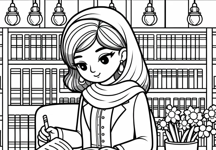 La profesora lee un libro en la biblioteca de la universidad - plantilla para colorear gratis