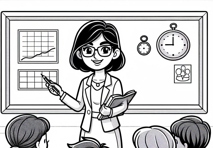 La professoressa guida il lavoro di gruppo durante il seminario - Immagine da colorare gratuita La professoressa guida il lavoro di gruppo al seminario - Disegno da colorare gratis