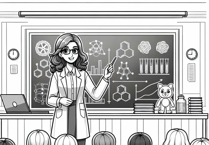 La profesora presenta los resultados de su investigación en el auditorio - Dibujo para colorear gratuito