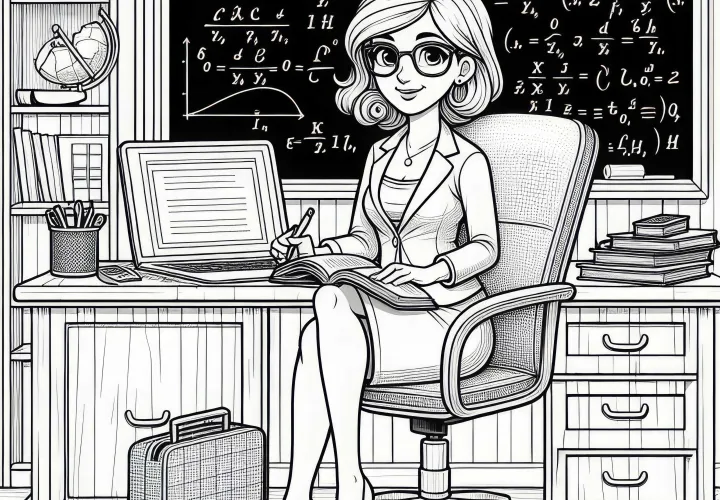 Dibujo para colorear de una profesora que desarrolla un libro de texto para estudiantes - Gratis