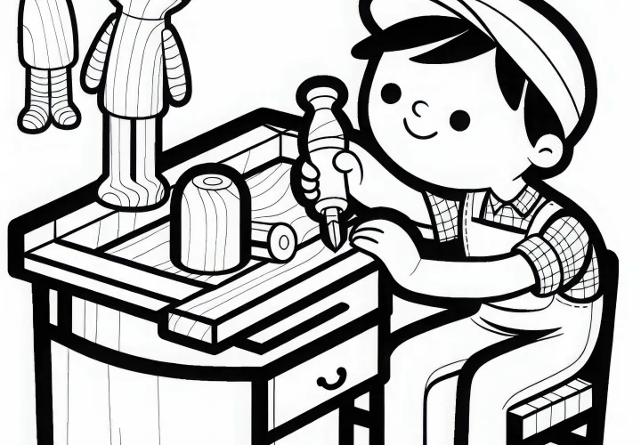 Dibujo para colorear de un juguetero tallando una figura de madera - plantilla de dibujo gratuita