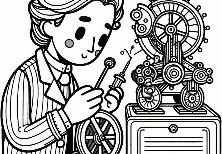 Spielzeugmacher überprüft die Funktion eines mechanischen Spielzeugs – Malvorlage einfach kostenlos