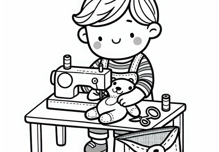 El fabricante de juguetes cose el peluche – Plantilla para colorear gratis