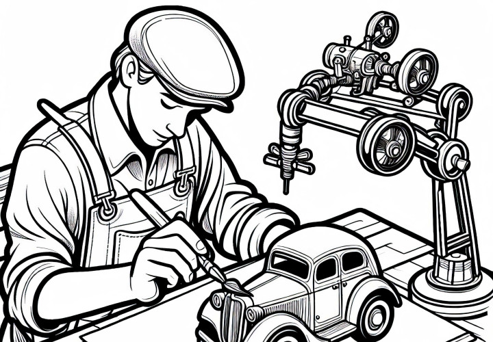 Ausmalbild Spielzeugmacher – Bemaltes Spielzeugauto von Hand kostenlos herunterladen