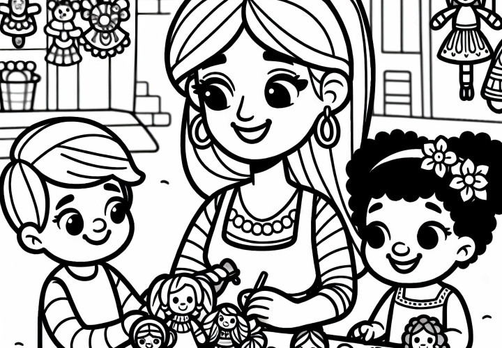 Spielzeugmacherin zeigt Kindern Arbeiten auf dem Markt – Ausmalbild kostenlos