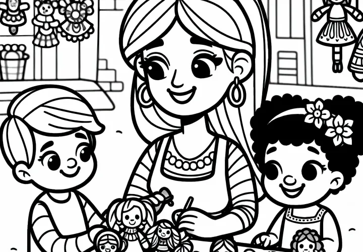 La fabricante de juguetes muestra a los niños trabajos en el mercado - Dibujo para colorear gratis