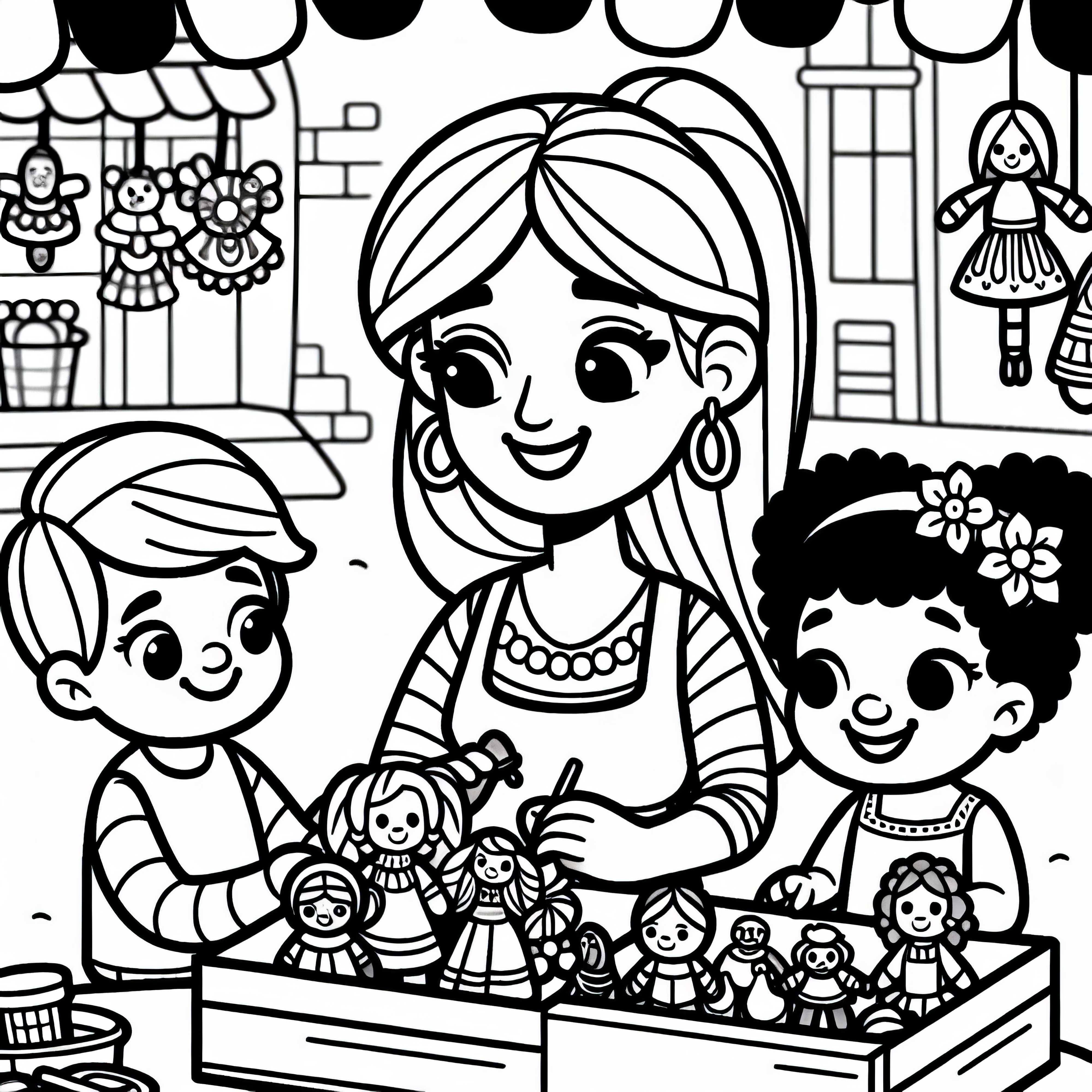 Spielzeugmacherin zeigt Kindern Arbeiten auf dem Markt – Ausmalbild kostenlos