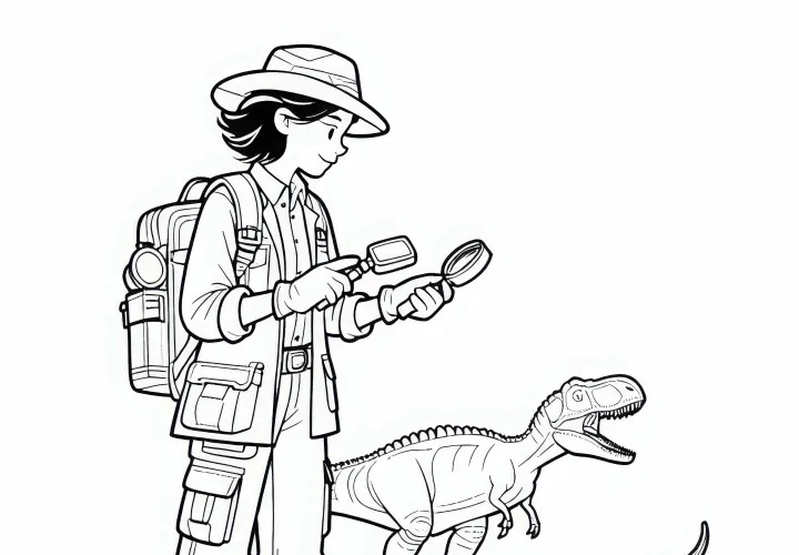 Descargar gratis una imagen para colorear de una investigadora de dinosaurios