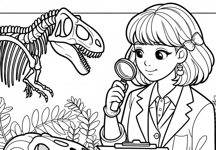 Plantilla para colorear de investigadora de dinosaurios Descargar gratis