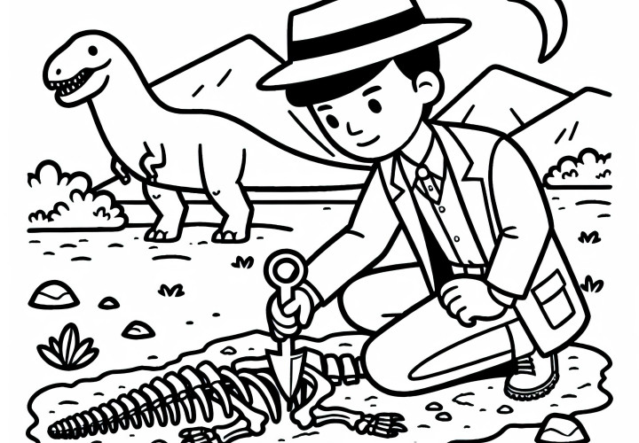 Pesquisador de dinossauros desenterra ossos de dinossauro - Desenho para colorir grátis Pesquisador de dinossauros desenterra ossos de dinossauro - Desenho para colorir gratuito