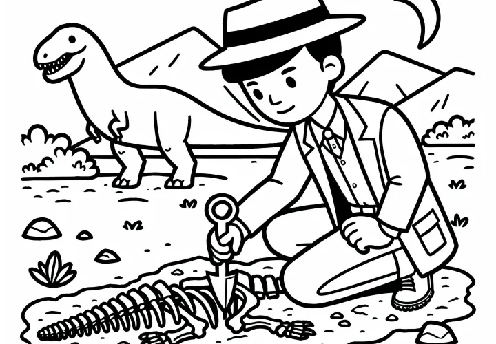 Investigador de dinosaurios desentierran huesos de dinosaurio - Plantilla para colorear gratis