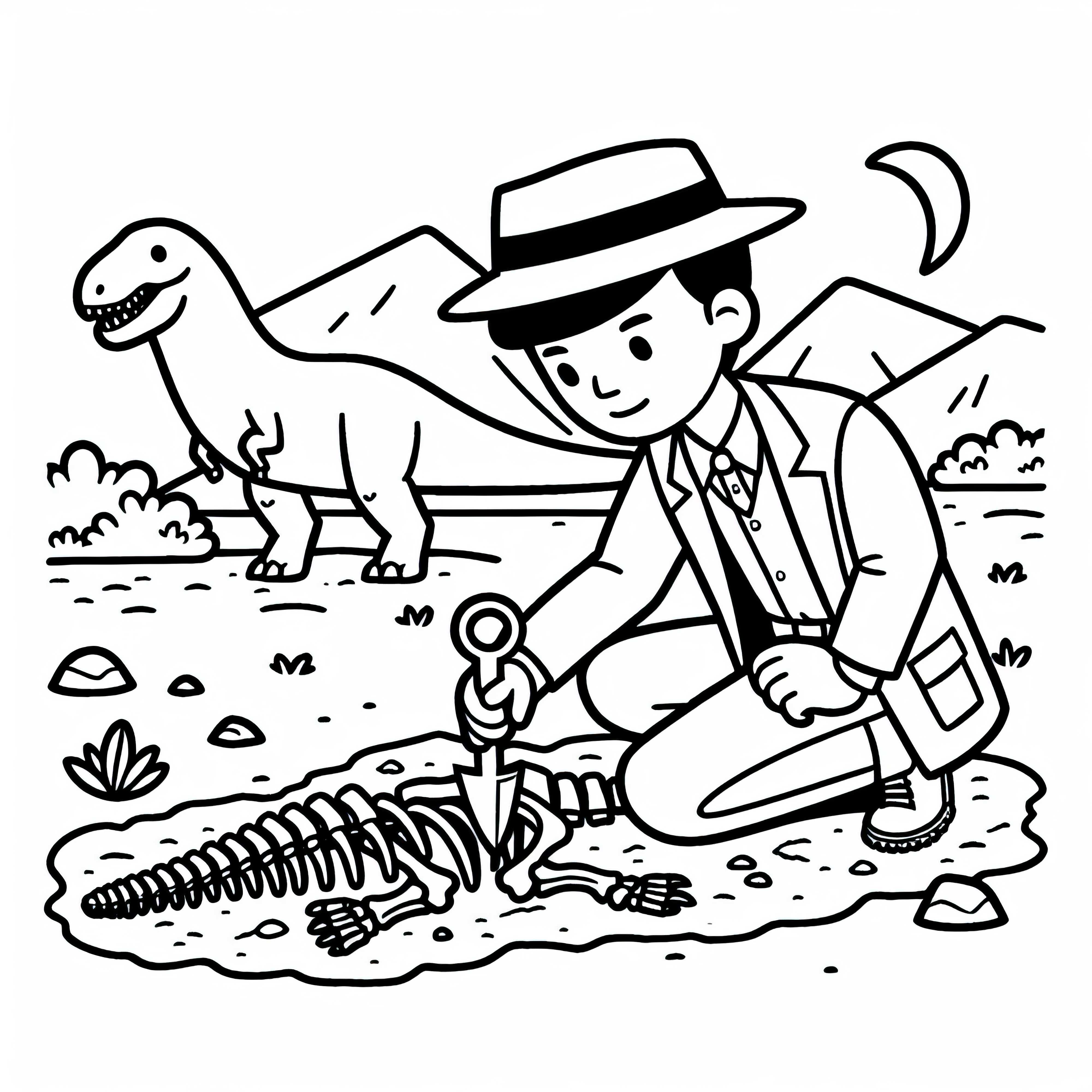 Pesquisador de dinossauros desenterra ossos de dinossauro - Modelo de colorir gratuito