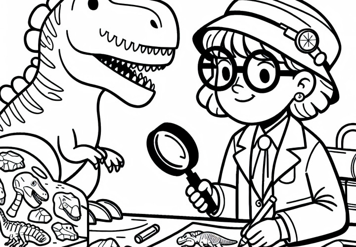 Pesquisadora de dinossauros investiga fósseis com lupa – Desenho para colorir fácil e grátis Pesquisadora de dinossauros examina fósseis com lupa – Desenho para colorir fácil e gratuito