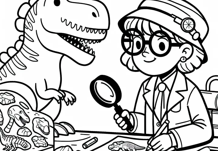 Investigadora de dinosaurios examina fósiles con lupa - Dibujo para colorear sencillo y gratis